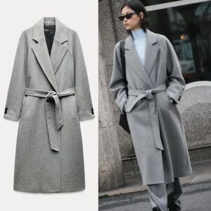 Zara long belted wool blend coat grey
